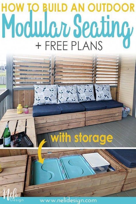 Learn how to DIY an outdoor modular seating with storage and cushions. You'll know how to build an outdoor sectional bench for Organization. You'll get free plans with a tutorial so you can build your own outdoor patio furniture. #outdoor #patio #build #bench #summer #freeplans #furniture #diyideas Seating With Storage, Patio Furniture Storage, Modular Bench, Diy Bank, Patio Furniture Makeover, Cheap Patio Furniture, Resin Patio Furniture, Cheap Patio, Modular Seating