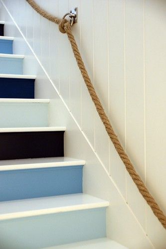 Can't pin the picture I really want. Stairs painted consecutive colors from color strip,say 3 risers per color, dark up to light. Perfect going up to Playroom. Nautical Rope Decor, Basement Steps, Coastal Paint, Deco Marine, Rope Decor, Dream Beach Houses, Stair Case, Painted Stairs, Dream Beach