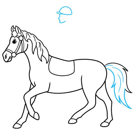 Horse Rider step-by-step drawing tutorial: step 06 Famous Drawing, Draw A Horse, Man On Horse, Drawing Ideas Easy, Cartoon Drawing Tutorial, Easy Cartoon Drawings, Easy Drawing Tutorial, Horseback Rider, Cartoon Cow