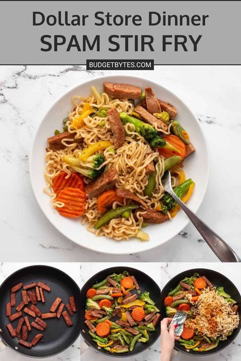 Spam And Noodles, Spam Stir Fry Recipes, Spam Ramen Recipes, Spam Stir Fry, Dollar Store Dinner, Spam Ramen, Fried Spam, Spam Recipes, Affordable Meals