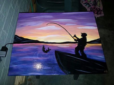 Sunset fishing canvas painting Fishing Canvas Painting, Fishing Painting, Man Fishing, Simple Canvas Paintings, Cute Canvas Paintings, Easy Canvas Painting, Canvas Painting Designs, Canvas Painting Diy, Lukisan Cat Air