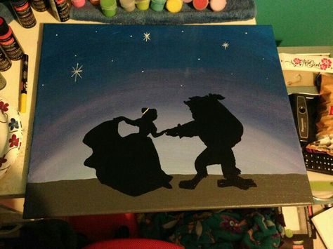 Beauty and the Beast canvas Disney Canvas Painting, Painting Ideas On Canvas Disney, Canvas Art Ideas Easy, Beast Silhouette, Beauty And The Beast Silhouette, Disney Canvas Paintings, Art Ideas Easy, Canvas Art Ideas, Silhouette Disney