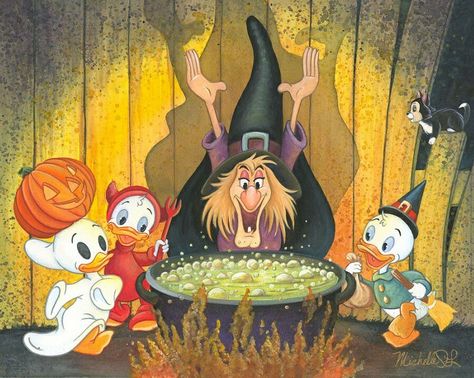 Disney's Halloween Treat, Witch Cartoon, Halloween Whimsical, Walt Disney Studio, Halloween Pics, Halloween Infantil, Duck Family, Disney Pics, Disney Fine Art