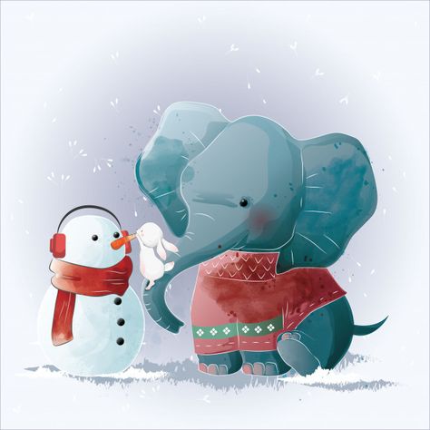 Elephant and bunny building a snowman | Premium Vector #Freepik #vector #background #pattern #watercolor #christmas Christmas Elephant, Bunny Party, Christmas Unicorn, Cute Piggies, Christmas Balloons, Little Duck, Baby Unicorn