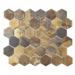 Oxidised Tiles White Gold Tile Backsplash, Understairs Wetroom, Gold Kitchen Tiles, Gold Tile Backsplash, Gold Tiles Bathroom, Bathroom Hexagon Tile, Hex Tiles Bathroom, Splash Back Ideas, Hexagon Wall Tiles