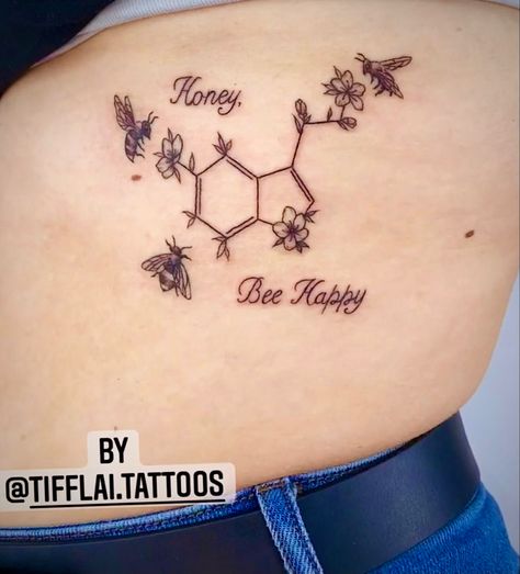 Honey Bee Neck Tattoo, Honeycomb Serotonin Tattoo, Geometric Honey Bee Tattoo, Bee And Honeycomb Tattoo Design, Bee Yourself Tattoo, Serotonin Molecule Tattoo Bee, Seratonin Bee Tattoo, Bee Arm Tattoo, Bee Happy Tattoo