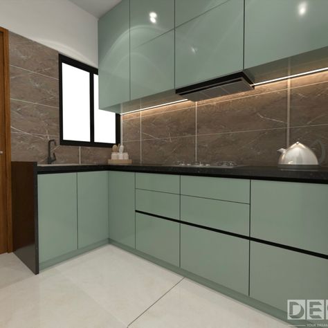 Pista Color Kitchen, Mica Kitchen Design, Green Colour Kitchen Cabinet, Double Colour Kitchen Cabinet, Kitchen Sunmica Colours Combination, Green Laminate Kitchen, Kitchen Acrylic Colour Combination, Kitchen Mica Combination, Kitchen Laminate Colour Combinations