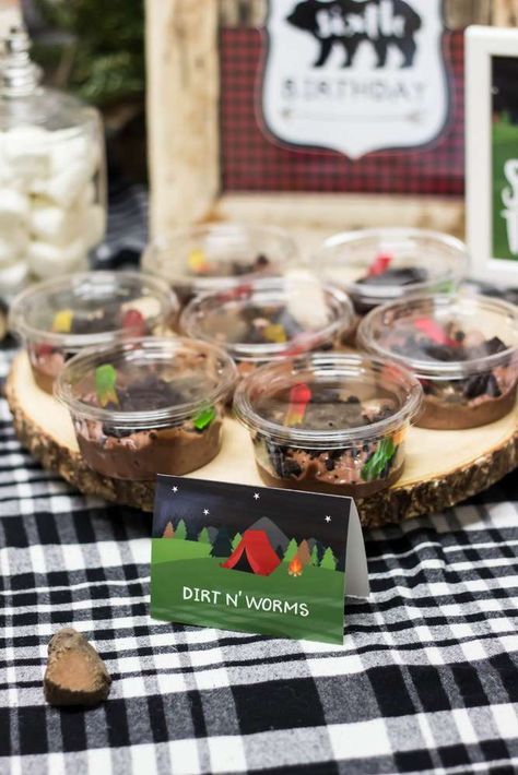 Hike on Over, Camping Birthday | CatchMyParty.com Smore Party, Cabin Birthday, Happy Camper Birthday Party, Australian Party, Camping Theme Birthday Party, Camping Theme Birthday, Indoor Camping, Lumberjack Birthday, Bear Recipes