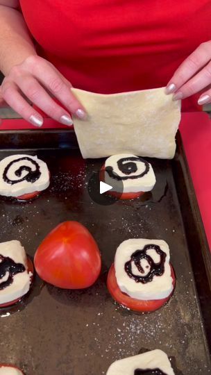 She flips them over and it's so good! 🍅 | She flips them over and it's so good! 🍅 Mistie makes a yummy caprese turnover (This original video was produced by Network Media, LLC and Kyle & Mistie) | By Life with Coco | Take some fresh sliced tomatoes that goes right on top of our olive oil. Perfect. Little bit of salt. Now, we're going to take some fresh sliced mozzarella. This is the good stuff and place that right on top of our tomatoes. Perfect. Now, we're going to add some basalmic glaze And now we're going to add some fresh basil. Sprinkle a little bit of that over the top. Got some premade puff pastry dough. Cut it right down the middle. You can find that in the refrigerator section. Alright. You're going to take each piece of dough and very carefully separate it and now we add our p Basalmic Glaze, Life With Coco, Sliced Tomatoes, Puff Pastry Dough, Puff Pastry Recipes, Sliced Tomato, Pastry Dough, Tomato Basil, Pastry Recipes