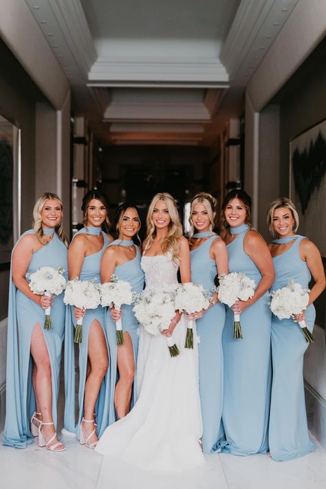 Light Blue Bridesmaid With Groomsmen, Wedding Bridesmaid Colors, Emily Karlsson, Blue And White Bridesmaid Dresses, Blue Bridesmaid Dresses Beach, Periwinkle Bridesmaid Dresses, Powder Blue Bridesmaid Dress, April Weddings, Pale Blue Bridesmaid Dresses