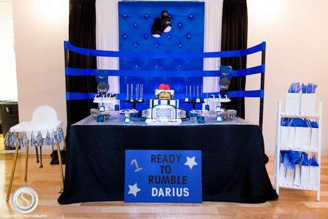 Darius the Fighter 1st Birthday | CatchMyParty.com Boxing Theme Party Ideas, Wrestling Birthday Parties, Wrestling Birthday, Wwe Birthday Party, Wwe Party, Wwe Birthday, Birthday Party Box, Perfect Birthday Party, Birthday Party Tables