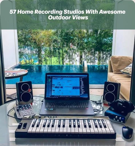 Create a Serene Studio Design that integrates the calming influence of nature into your music-making space. Enjoy the soothing outdoor views that help reduce stress and increase creativity. This design is perfect for artists seeking peace and inspiration. Click the article for more ideas! Fl Studio Aesthetic, Home Recording Studios, Studio Music Room, Synthesizer Music, Home Recording Studio Setup, Recording Studio Setup, Producer Studio, Home Studio Ideas, Home Music Rooms