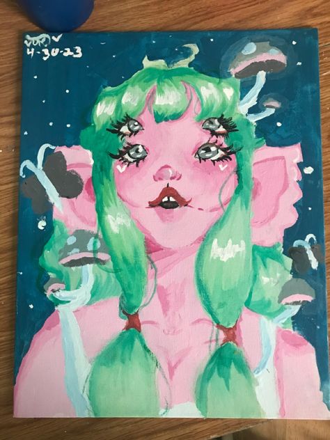 this is indeed a painting of Melanie Martinez i did Melanie Martinez Painting Ideas, Melanie Martinez Painting, Melanie Martinez Drawings, Chalk Pastel Art, Melanie Martinez Photography, Paint Inspo, Fairy Paintings, Simple Drawings, Painting Inspo