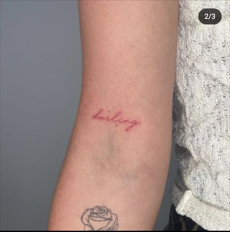 Pink Ink Tattoo Writing, Red Written Tattoo, Red Name Tattoos For Women, Darling Tattoo Words Fonts, Red Tattoo Words, Darling Tattoo Words, Red Ink Word Tattoo, Darlin Tattoo, Red Name Tattoo