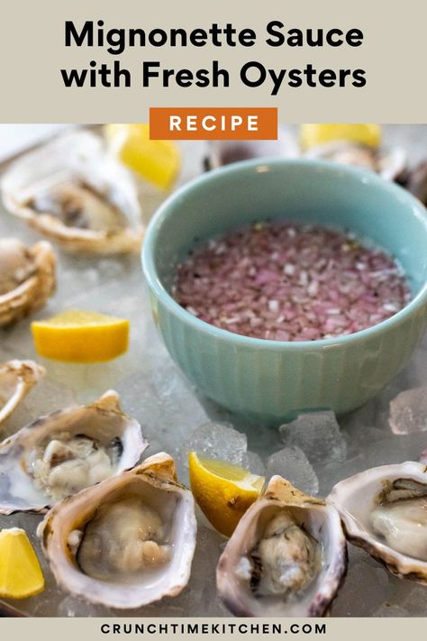 Mignonette Sauce makes a wonderful and simple topping for raw oysters! This tangy sauce bursting with shallots is a perfect match for fresh shucked oysters! crunchtimekitchen.com #oysters #mignonette #appetizers Oyster Minionette Sauce Recipes, Mignonette Recipe, Mignonette Sauce, Steamed Oysters, Oyster Shucking, Oyster Roast, Fancy Appetizers, Seafood Sauce, Raw Oysters