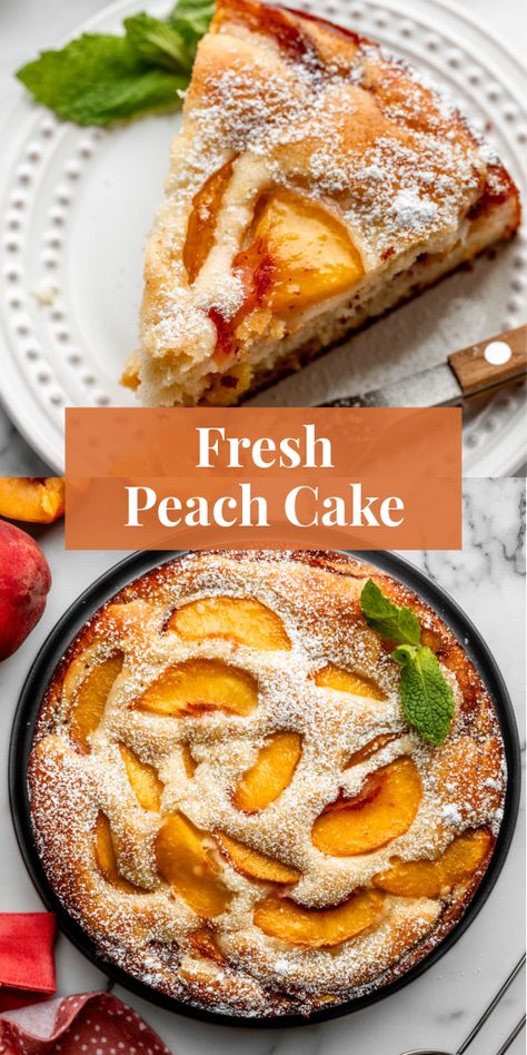 Try this easy recipe for fresh peach cake when peaches are in season. Soft & tender with a light sugar topping and 2 layers of juicy peaches. #summerdesserts #peach #cake Peach Pound Cake, Peach Cake Recipes, Peach Pound Cakes, Peach Dessert Recipes, Soft Cake, Peach Desserts, Peach Cake, Homemade Cake, Peach Recipe