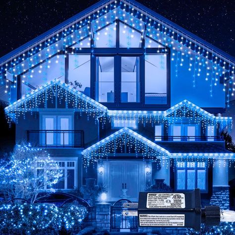 Oopswow Icicle Lights Outdoor Decorations 300 LED 33ft 8 Modes Curtain Fairy String Light with 50 Drops, LED String Light Indoor for Wedding Party Holiday Christmas Decorations,Blue+White Christmas Decorations Blue, Icicle Lights Outdoor, House Lighting Outdoor, Outdoor Christmas Decorations Lights, Blue Christmas Lights, White Christmas Lights, Christmas House Lights, Blue Christmas Decor, Holiday Deco