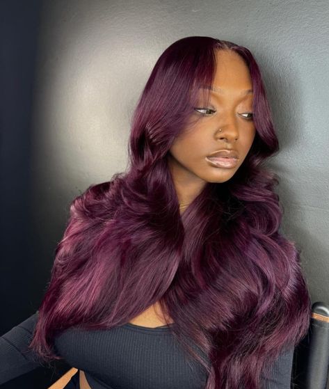 Violet Hair Black Women, Plum Hair Color On Black Women, Dark Purple Hair Black Women, Plum Colored Hair, Purple Hair Black Women, Dark Red Purple Hair, Piercing Stacks, Purple Burgundy Hair, Dark Purple Wig