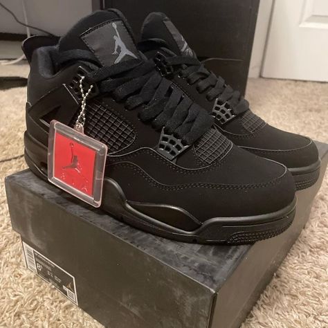 Black Cat Air Jordan, Black Cats Shoes Jordan, Black J4 Shoes, Black Jordan 4’s, Black Cats Shoes, Black Cats Outfit, Jordan Black Cat 4s, Black Cats Jordans, All Black Jordans