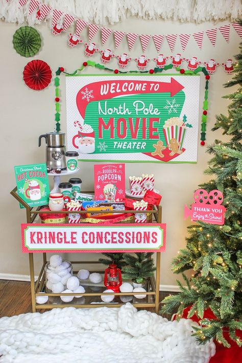 Christmas Movie Night Party Ideas, Christmas, Christmas movie night, movie night, movie party, holiday movies, Christmas movies, North Pole Movie Theater, printable decor, Just Add Confetti, Just Add Confetti printables, popcorn, hot cocoa, Rudolph Popcorn, Christmas blend, santa, Kringle Concessions, hot cocoa brownies, brownie bites, at-home celebration, family party, pajamas, pajama party, concession stand, bar cart, concession cart, invitation, Etsy shop, Etsy, Etsy seller Christmas Santa Sleepover, Hallmark Christmas Movie Night Party, Christmas Family Fun Night Ideas, Christmas Movie Night Decorations, Christmas Movie Birthday Party, Christmas Movies Decorations, Friendsmas Party Ideas Kids, Christmas Movies Night Ideas, Christmas Movie Night Party Ideas