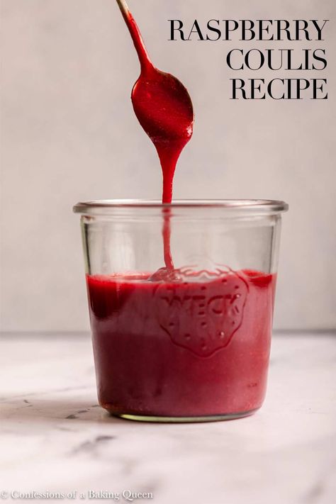 Simple and delicious raspberry coulis is made with a few ingredients. Step-by-step photos teach you how to make this delicious raspberry sauce. Use frozen raspberries to enjoy this raspberry sauce all year long. Perfect drizzled on top of cheesecake, pound cake, or ice cream, everyone loves this raspberry sauce recipe! Raspberry Coulis Sauce, Raspberry Drizzle Sauce, Raspberry Sauce For Cake, Raspberry Coulee, Raspberry Sauce For Cheesecake, Desert Sauces, Raspberry Coulis Recipe, Cheesecake Pound Cake, Raspberry Compote Recipe