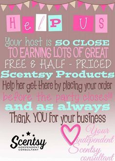 Your host is so close to earning lots of great Scentsy rewards. Help them reach their goal by placing your order before the party closes! Thirty One Logo, Scentsy Hostess, Thirty One Games, Scentsy Facebook Party, Scentsy Host, Thirty One Organization, Scentsy Marketing, Chef Party, Selling Scentsy