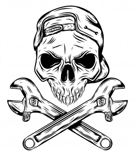 Wrench Tattoo, Steampunk Illustration, Skull Icon, Skull Stencil, Skeleton Illustration, Skulls Drawing, Skull Artwork, Vintage Skull, Skull Face