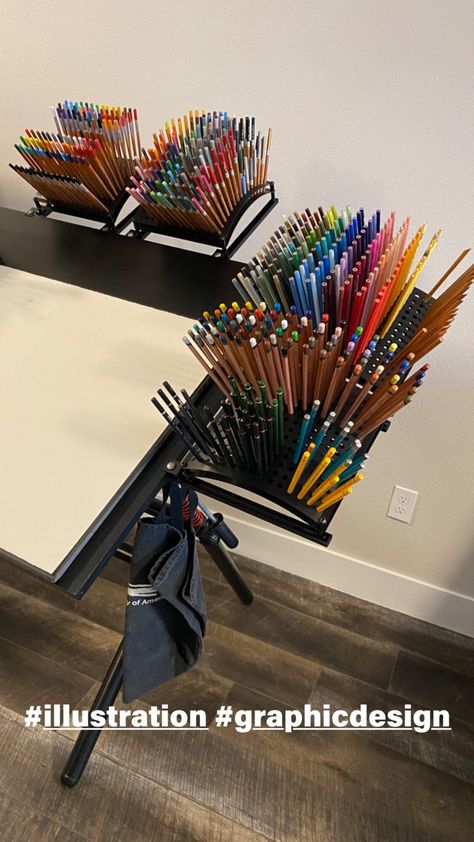 This is a colored pencil holder made of aluminum and plated black which wears and washes well without wearing off.  It holds 210 pencils of most any standard size diameter and if requested we will open the sizes for a specific number or all holes to accommodate pastel crayons as well.  It can set on any flat surface and comes with two rail channels that attach to most common design table tops. It's less than the cost of 150 pencils and is utilitarian in purpose which is much needed. Great review Colored Pencil Organizer, Color Pencil Organization, Colored Pencil Organization, Cool Art Supplies, Colored Pencil Storage, Colored Pencil Holder, Crayons Pastel, Paint Brush Holders, Pastel Crayons