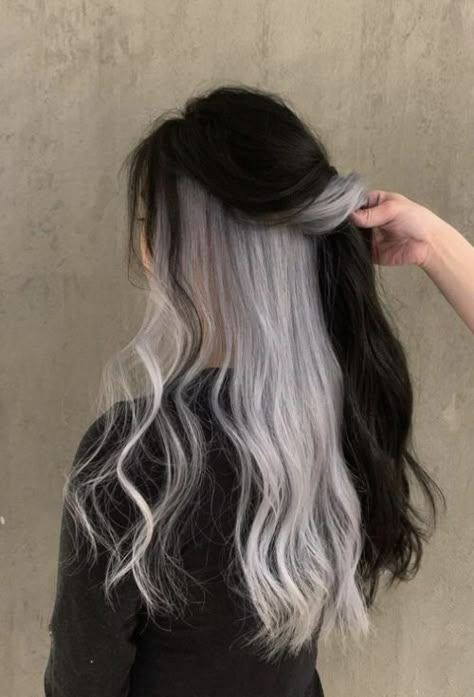 Undercolor Hair, White Hair Highlights, White Ombre Hair, Hidden Hair Color, Silver Hair Highlights, Black Hair Aesthetic, Split Dyed Hair, Korean Hair Color, Hair Color Underneath