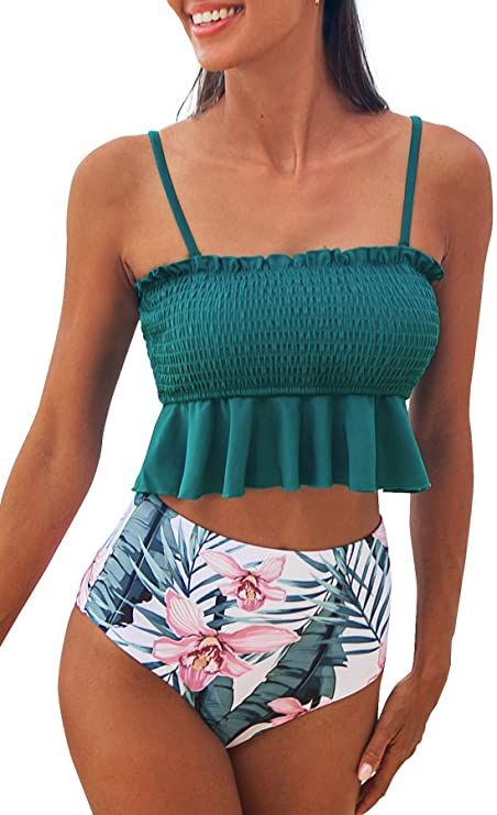 Amazon.com: CUPSHE Women's High Waist Bikini Swimsuit Ruffle Two Piece Bathing Suit : Clothing, Shoes & Jewelry Boho Bathing Suit, Bathing Suit Designs, High Waisted Tankini, Turquoise Rose, Ruffle Swimsuit, Cute Bathing Suits, Cute Swimsuits, Swim Suit