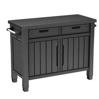 Keter Outdoor Grill Table, Buffet, Entertainment and Storage Cabinet w/ Drawers, Graphite Gray - Sam's Club Grill Prep Station Outdoor, Outdoor Bbq Storage Ideas, Outdoor Food Prep Station, Bbq Storage Ideas, Outdoor Cabinets Patio, Diy Bbq Station, Gardening Station, Outdoor Grill Table, Covered Pool