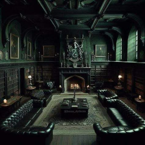 Slytherin Common Room Harry Potter House Interior, Living At Hogwarts Aesthetic, Slytherin Dormitory Aesthetic, Hogwarts Common Rooms Slytherin, Gothic Mansion Living Room, Slytherin Interior Design, Castle Living Room Aesthetic, Slytherin Dorm Aesthetic, Slytherin Living Room