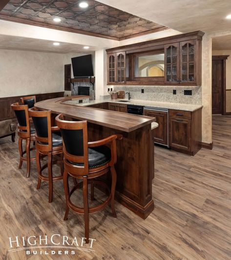 Traditional-Basement-Finish-with-Western-Flare-Stained-Cabinet-Bar Basement Bar With Sink, Bar With Sink, Traditional Basement, Basement Finish, Basement Bar Designs, Staining Cabinets, Bar Designs, Custom Bar, Basement Bar