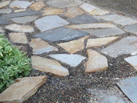 A beautiful slate walkway for $200 Slate Path, Slate Walkway, Pea Stone, Gravel Walkway, Circular Patio, Wood Walkway, Flagstone Walkway, Walkway Landscaping, Front Walk