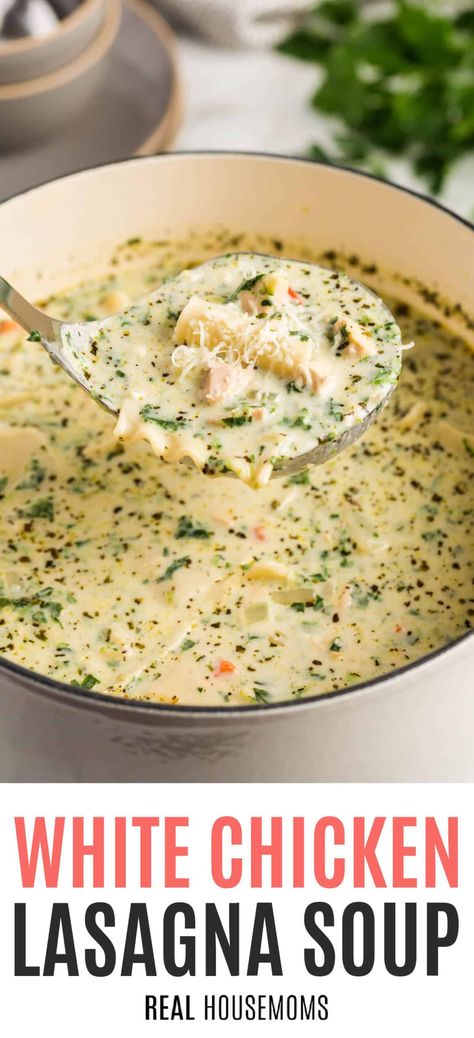 White Chicken Lasagna Soup is a satisfying one pot comfort food recipe your family will love. It's so simple, yet so delicious! #RealHousemoms #lasagna #soup #chicken #lasagnasoup #easydinner #sidedish #comfortfood White Chicken Lasagna Soup, White Lasagna Soup, Chicken Lasagna Soup, White Chicken Lasagna, Cozy Soup, Lasagna Soup Recipe, Soup Chicken, Chicken Lasagna, Homemade Soup Recipe