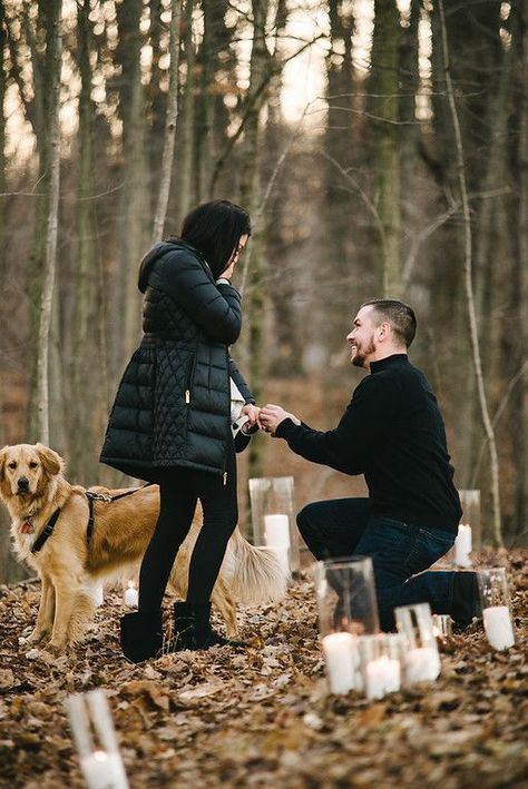 Proposal With Puppy, Proposal Ideas Dog, Proposal In The Woods, Woodland Proposal, Dog Proposal Ideas, Proposal Ideas With Dogs, Proposal With Dog, Woods Proposal, Candlelit Proposal