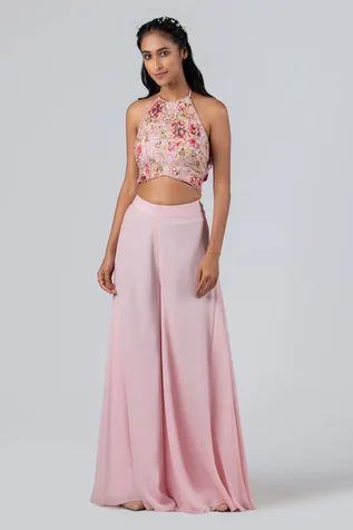 Traditional Crop Top And Pant, Top And Plazo Indian, Plazo With Crop Top Western, Blouse And Plazo Set, Flared Plazo Designs, Plazo Top Western, Plazo And Top Western, Palazoo Sets Crop Tops, Plazo And Top