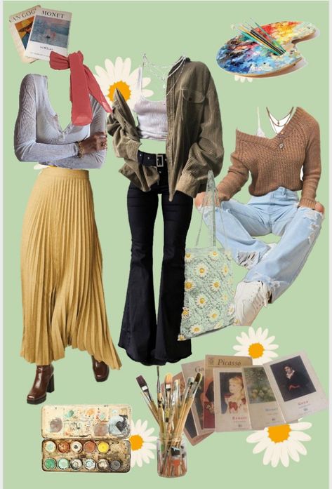 Comfy Student Outfit, Art Student Aesthetic Fashion, Art Major Outfit, Art Kid Aesthetic Outfit, Artsy Girl Outfits, Artistic Outfits Aesthetic, Eden Character, Artsy Clothing Aesthetic, Art School Aesthetic Outfit