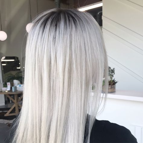 Brown Roots With Platinum Blonde Hair, White Hair Blended Roots, Platinum Blonde Black Roots, Platinum Ice Blonde Hair Dark Roots, Platinum Hair Root Smudge, Platinum Blonde Hair On Dark Hair, Black Shadow Root Platinum Blonde, Icey Platinum Blonde Hair With Dark Roots, Ice Blonde Dark Roots