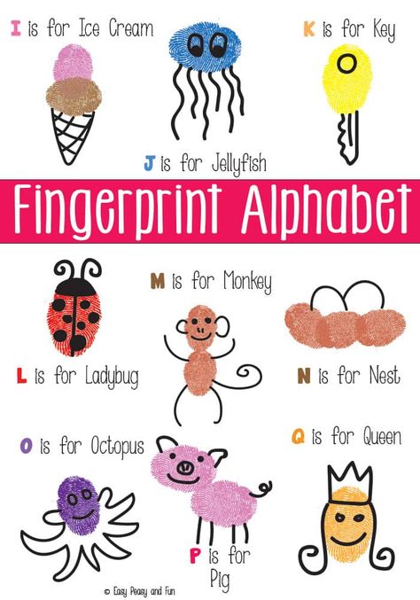 #Fingerprint Alphabet Art #fingerstempeln #malenmitkindern #kidscraft Fingerprint Alphabet, Thumbprint Art, Fingerprint Art, Alfabet Letters, Alphabet Crafts, Handprint Crafts, Alphabet Preschool, Alphabet For Kids, Alphabet Art