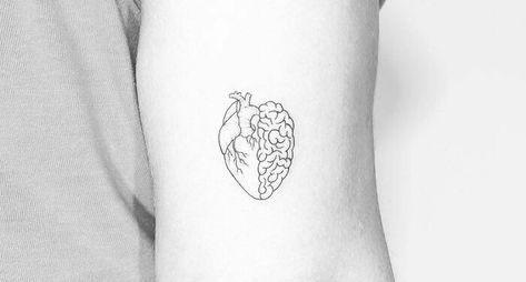 Brain And Heart Matching Tattoo, Open Mind Open Heart Tattoo, Sarcasm Tattoo Ideas, Music Brain Tattoo, Heat And Brain Tattoo, Brain Heart Tattoo Minimal, The Head And The Heart Tattoo, Minimal Tattoo Heart, Fine Line Brain Tattoo