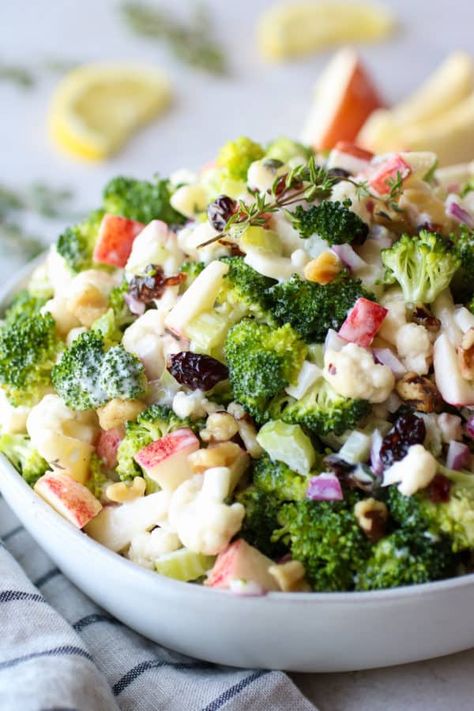 Creamy Lemon Vinaigrette, Baked Veggies Recipes, Apple Broccoli Salad, Salad Apple, Dietitian Recipes, Potluck Salad, Broccoli Cauliflower Salad, Real Food Dietitians, Paleo Salads