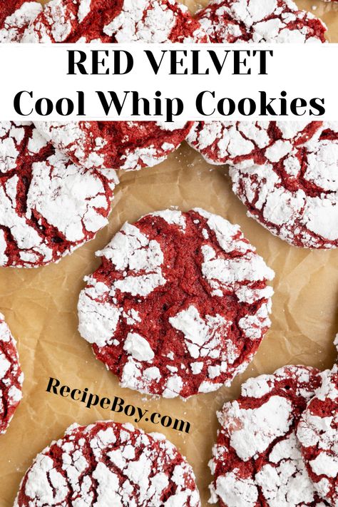 Red Velvet Cool Whip Cookies recipe from RecipeBoy.com Cool Whip Chocolate Cookies, Cool Whip Red Velvet Cookies, Red Velvet Cookies With Cool Whip, 3 Ingredient Red Velvet Cookies, Christmas Cool Whip Cookies, Red Velvet Cake Cookies Easy, Edible Red Velvet Cookie Dough, Red Velvet Cool Whip Cookies, Cool Whip Cookies Christmas