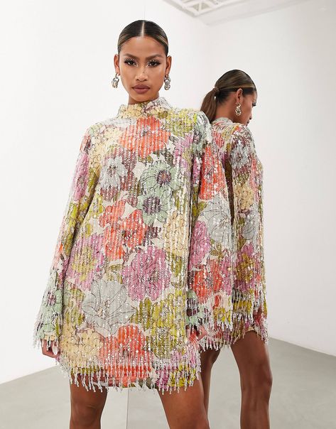 ASOS EDITION bright floral print and sequin high neck mini dress with fringe | ASOS Long Sleeve High Neck Dress, Silver Cocktail Dress, Dress With Fringe, High Neck Mini Dress, Chique Outfits, 2023 Ss, Long Sleeve Shift Dress, Asos Curve, Sequin Beading