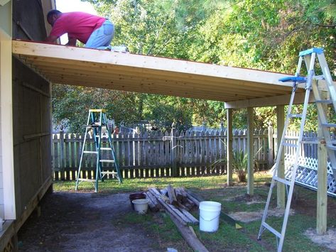 Maybe widen the lean to? Lean To Carport, Carport Addition, Corrugated Plastic Roofing, Building A Carport, Diy Carport, Plastic Roofing, Curved Pergola, Carport Plans, Pergola Carport