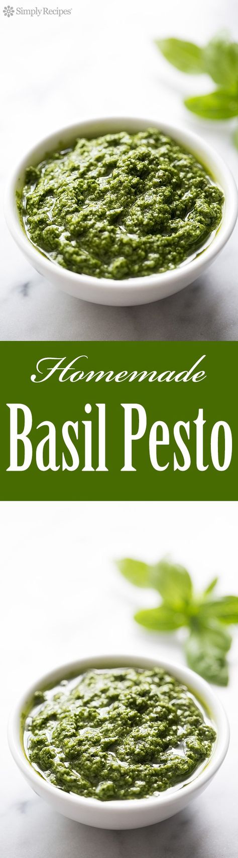 Make your own homemade pesto. It's easy! Great for adding to pasta, chicken, even toast. With fresh basil leaves, pine nuts, garlic, Romano or Parmesan cheese, and olive oil. On SimplyRecipes.com #freezer-friendly #basil #pesto Fresh Basil Pesto Recipe, Fresh Basil Recipes, Homemade Basil Pesto, Basil Pesto Recipe, Pesto Sauce Recipe, Basil Pesto Recipes, Pasta Chicken, How To Make Pesto, Homemade Pesto