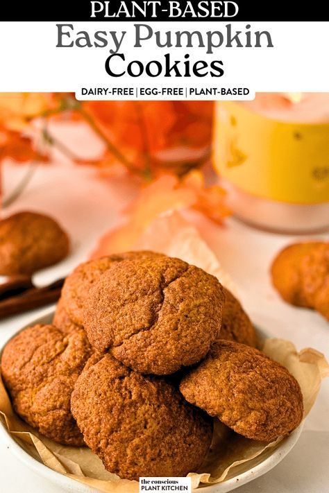 Easy Pumpkin Cookies (4 Ingredient, No Eggs, No Dairy) - The Conscious Plant Kitchen Pumpkin Cookies No Egg, Gluten Free Pumpkin Cookies Easy, Easy Pumpkin Cookies, Pumpkin Flour, Conscious Plant Kitchen, Gluten Free Pumpkin Cookies, Pumpkin Cookies Easy, Pumpkin Pie Cookies, Alfredo Sauce Recipe Homemade