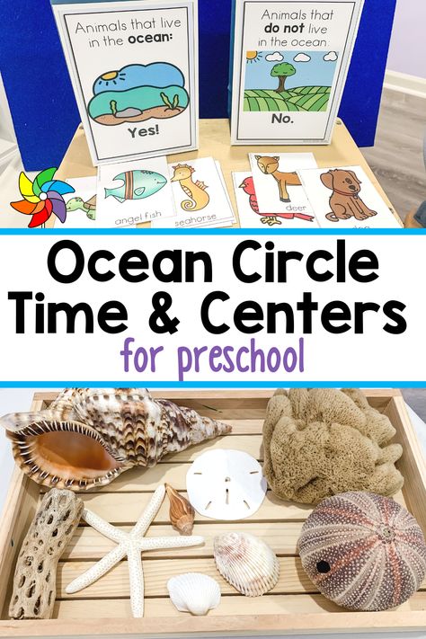 Many preschoolers are fascinated by the ocean. Here, you'll find ideas for ocean themed circle time, play centers, and small group activities. Ocean Science Center Preschool, Under The Sea Ideas For Preschool, Beach Circle Time Activities, Ocean Centers Preschool, Ocean Circle Time Activities Preschool, Preschool Sea Animals Activities, Ocean Dramatic Play Preschool, Ocean Preschool Activities, Ocean Preschool Theme