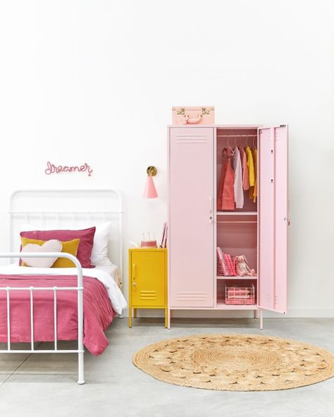 Mustard Made, Inside Doors, Colorful Storage, Metal Lockers, Daughters Room, Kids Wardrobe, Hanging Rail, Pink Walls, Bedroom Themes