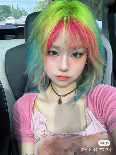 Blacklight Hair Dye, Cute Hair Dye Inspiration, Candyland Hairstyles, Two Color Dyed Hair, Rainbow Wolfcut, Fun Short Hair Color Ideas, Pink Hair With Raccoon Tail, Three Colored Hair, Hair Dye Color Combos